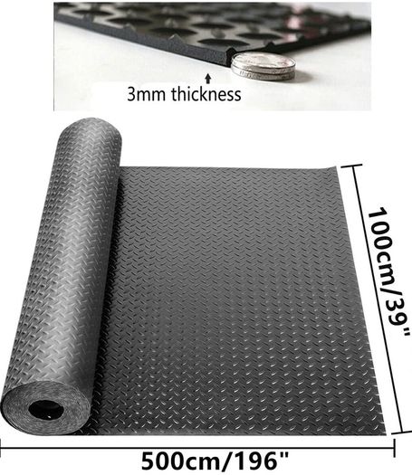 Rubber Garage Floor Mats 1M x 5M / 3.3Ft x 16.4Ft Anti-Slip Diamond Plate Mat 3mm Thick Heavy Duty Commercial Flooring Mat Roll for Under Car, Gym, Garage, Warehouse, Black