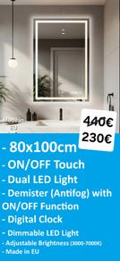 LED Bathroom Mirror 80x100cm Antifog Fog Free Clock
