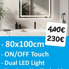 LED Bathroom Mirror 80x100cm Touch Switch Defogger Digital Clock Makeup Cosmetic