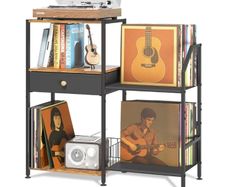 3 Tier Vinyl Storage Shelf with Turntable Holder, Side Table with Display Rack Up to 200 Albums, Rustic End Table with Drawer for Living Room, Black & Brown