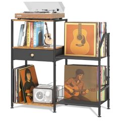 3 Tier Vinyl Storage Shelf with Turntable Holder, Side Table with Display Rack Up to 200 Albums, Rustic End Table with Drawer for Living Room, Black & Brown