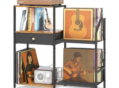 3 Tier Vinyl Storage Shelf with Turntable Holder, Side Table with Display Rack Up to 200 Albums, Rustic End Table with Drawer for Living Room, Black & Brown