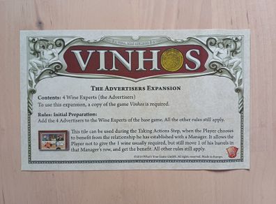 Vinhos - The Advertisers Mini Expansion Board Game Promo Tiles (2014, BRAND NEW)