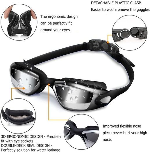 Swimming Goggles Adult Mens Children - Mirror Swim Goggles Anti Fog with UV Protection No Leaking with Nose Clip and Earplugs, Designed for Mens Womens Kids