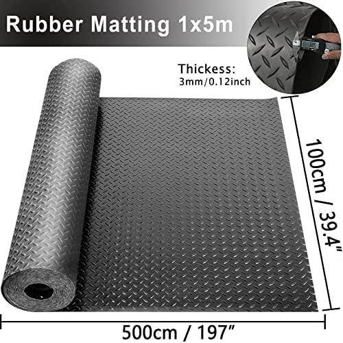 Rubber Garage Flooring Matting 1m x 5m Heavy Duty Rubber Matting Roll, 3mm Workshop Garage Flooring Mat, Anti-Slip, Indoor & Outdoor