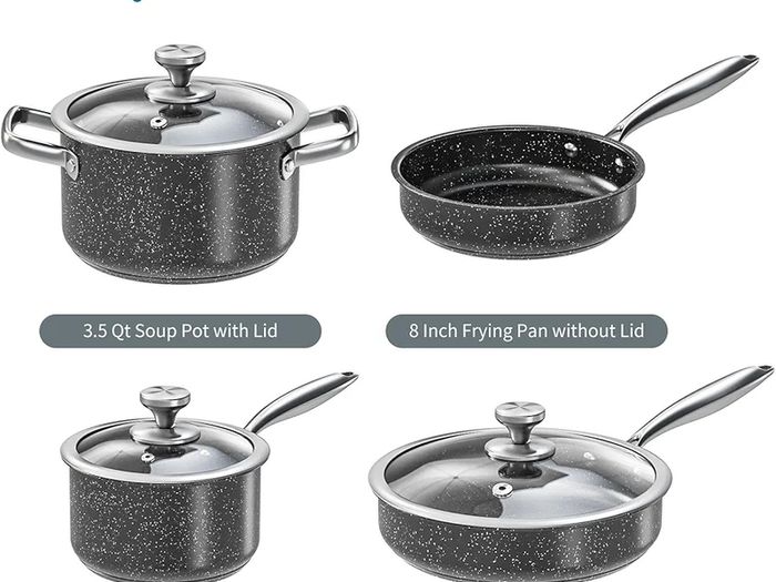 Stainless Steel Pots and Pans Set, 7-Piece Induction Hob Pan Set with Stay Cool Handles, Nonstick Saucepan Set Cooking Pans Set with Glass Lids, Black Granite Kitchen Cookware Set, PFOS & PFOA Free