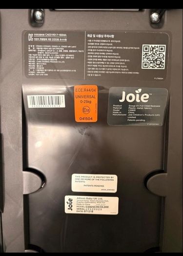 Joie stages car seat suitable from birth to 4 years.Infint incert included . Chair secured by car seatbelt