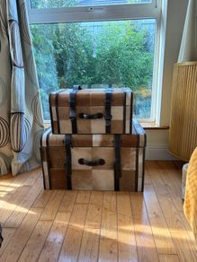 Matching Pair of Cowhide & Leather Storage Trunks