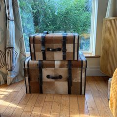 Matching Pair of Cowhide & Leather Storage Trunks