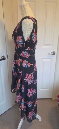 Boohoo Black Floral Midi Dress UK 12 Sleeveless Hi Low Party Dress