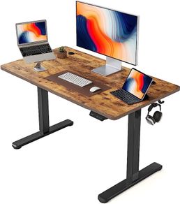 Height Adjustable Electric Standing Desk, 100x60cm Stand up Table, Sit Stand Home Office Desk with Splice Board, Black Frame/Rustic Brown Top (FREE SHIPPING)