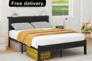 Double Bed Frame with Wooden Storage Shelf Headboard