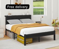 Double Bed Frame with Wooden Storage Shelf Headboard