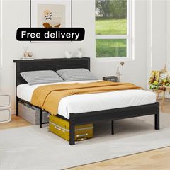Double Bed Frame with Wooden Storage Shelf Headboard