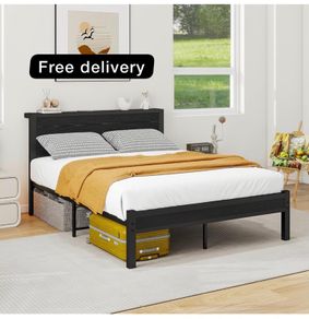 Double Bed Frame with Wooden Storage Shelf Headboard