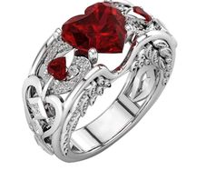 Natural Heart-Shaped Garnet & Angel Wings Silver Ring