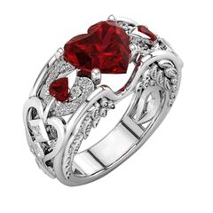 Natural Heart-Shaped Garnet & Angel Wings Silver Ring