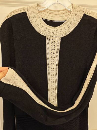Sandro Black Knit Skater Dress, Cream Crochet Trim