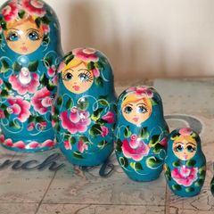 Vintage Hand-Painted Matryoshka Nesting Dolls - Teal & Floral (Set of 5)
