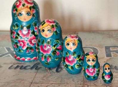 Vintage Hand-Painted Matryoshka Nesting Dolls - Teal & Floral (Set of 5)