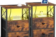 Bedside Table Set of 2, Side Table with Charging Station and Led Lights