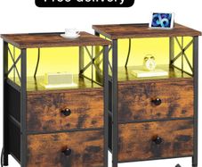 Bedside Table Set of 2, Side Table with Charging Station and Led Lights