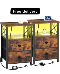 Bedside Table Set of 2, Side Table with Charging Station and Led Lights