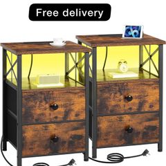 Bedside Table Set of 2, Side Table with Charging Station and Led Lights