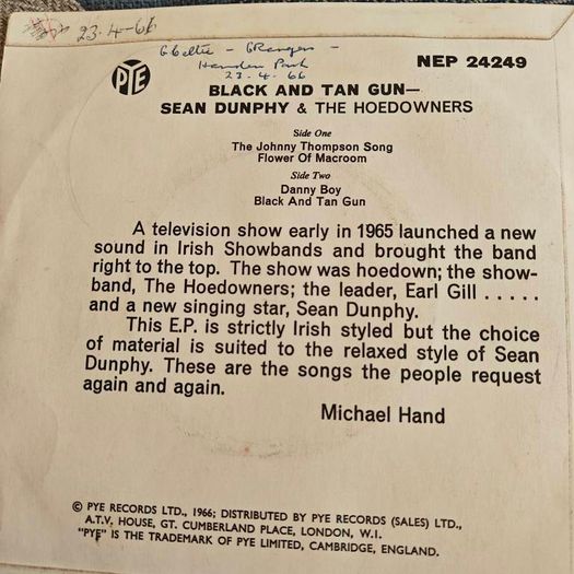 Sean Dunphy and the Hoedowners, Black and Tan gun PS 7" , Irish Showband