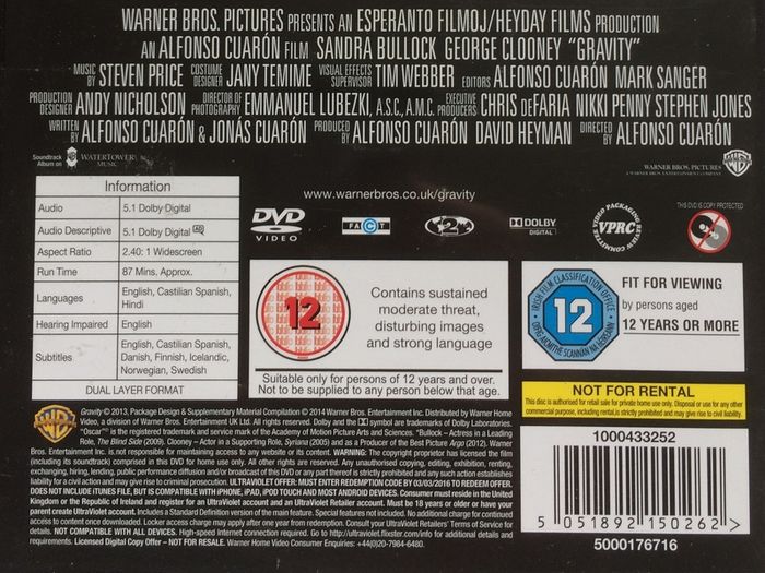 Gravity (Alfonso Cuaron Film) [2013] Sandra Bullock & George Clooney [Movie DVD] Academy Award Winner
