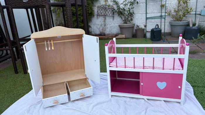 Wooden Dolls Wardrobe and Cot with Bedding and Storage