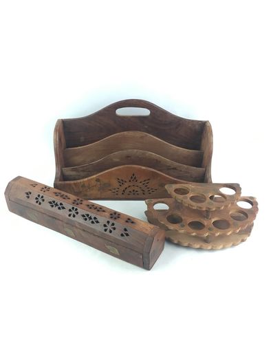 Wooden letter rack, incense burner and pen stand