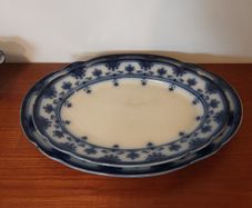 Fabulous Pair of Antique Flow Blue Victorian Graduated Platters, "Dudley" Pattern, by Ford & Sons, Burslem, Stoke-on-Trent, Circa 1893-1908, Perfect for Display
