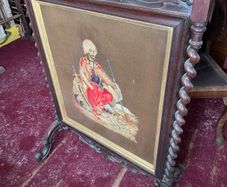 Antique Carved Wooden Fire Screen with Tapestry Panel