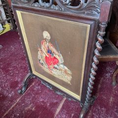 Antique Carved Wooden Fire Screen with Tapestry Panel