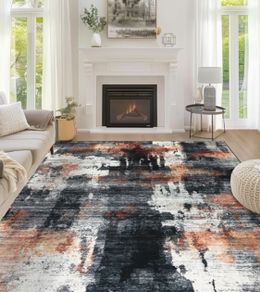 160x230cm Large Modern Abstract Rugs Living Room Non-slip Area Rug Short Pile Faux Wool Bedroom Carpet Lightweight Washable Minimalist Floor Carpet for Living Room Bedroom Office Decor, Black