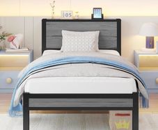 Wooden Single Bed Frame with Storage Headboard Shelf, 3FT Metal Bed Frame