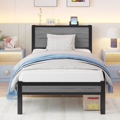Wooden Single Bed Frame with Storage Headboard Shelf, 3FT Metal Bed Frame