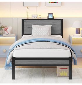Wooden Single Bed Frame with Storage Headboard Shelf, 3FT Metal Bed Frame