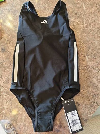 Girls cut 3 strips Addidas swimming suit in black/white