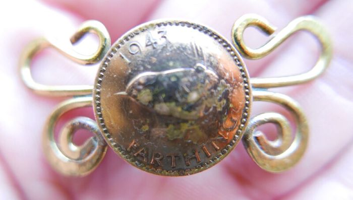 Vintage Twisted brass and Copper Foreign Coin Pin