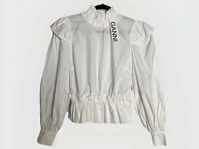 Ganni Cotton Poplin Blouse Sz 8UK 4US S White Ruffle Smock Classic Collar