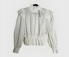 Ganni Cotton Poplin Blouse Sz 8UK 4US S White Ruffle Smock Classic Collar