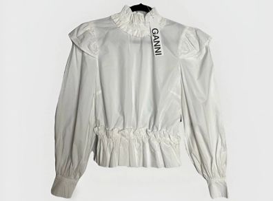 Ganni Cotton Poplin Blouse Sz 8UK 4US S White Ruffle Smock Classic Collar