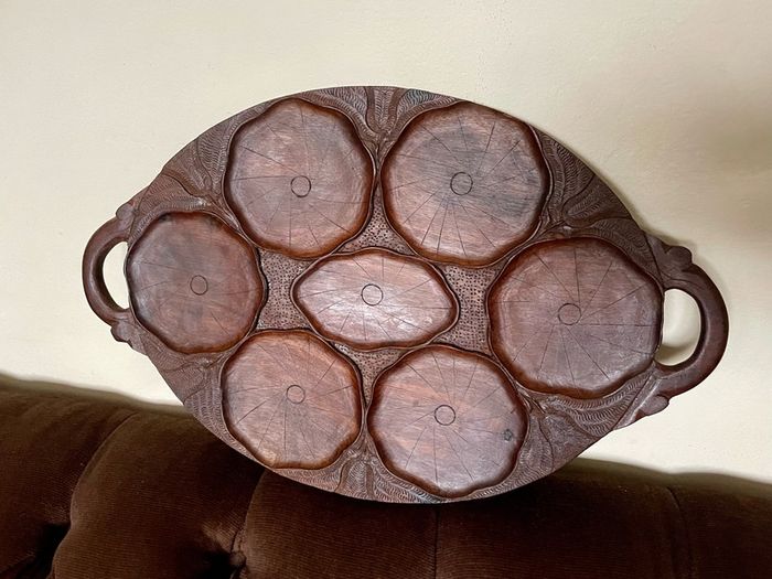 Superb Art Nouveau Style Vintage Handcarved Tray with Lilypad Design