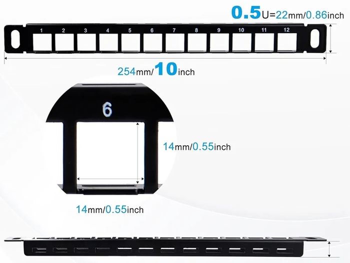 10 inch 0.5U 12 Port Blank Keystone Patch Panel with Cat6 RJ45 Keystone Jack Insert for DeskPi RackMate T0/T1/T2 Network Cabinets/Server Rack