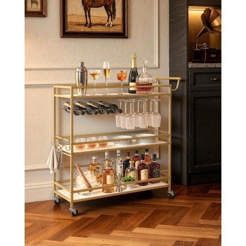 Bar Cart, 3 Tiers Home Kitchen Serving Carts, Modern Rolling Utility Station on Wheels, Mobile Drink Beverage Trolley with Wooden Shelf, Wine Rack, and Glass Holder, 910x330x935mm, Gold