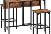 Breakfast Bar Table with 2 Bar Stools, 100 cm Folding Dining Table with 2 Stools, Dining Table Set, Industrial Steel Frame, for Restaurant, Living Room, Pub, Rustic Brown and Black