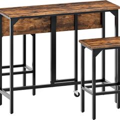 Breakfast Bar Table with 2 Bar Stools, 100 cm Folding Dining Table with 2 Stools, Dining Table Set, Industrial Steel Frame, for Restaurant, Living Room, Pub, Rustic Brown and Black