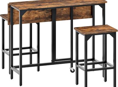 Breakfast Bar Table with 2 Bar Stools, 100 cm Folding Dining Table with 2 Stools, Dining Table Set, Industrial Steel Frame, for Restaurant, Living Room, Pub, Rustic Brown and Black